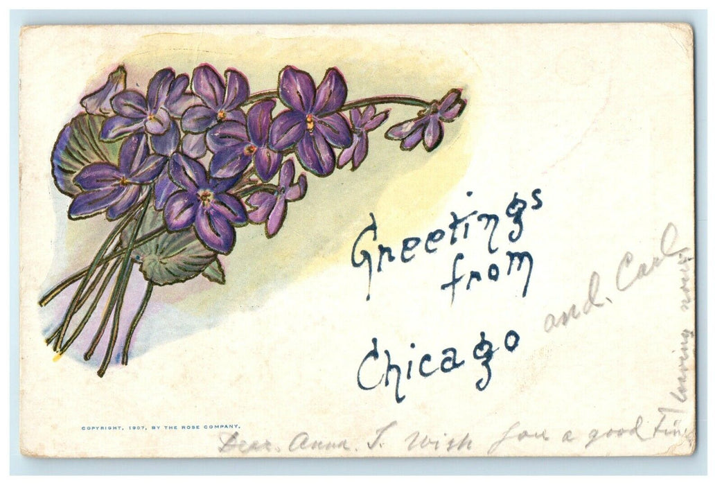 1907 Greetings From Chicago Illinois IL Pansies Flowers Embossed Postcard