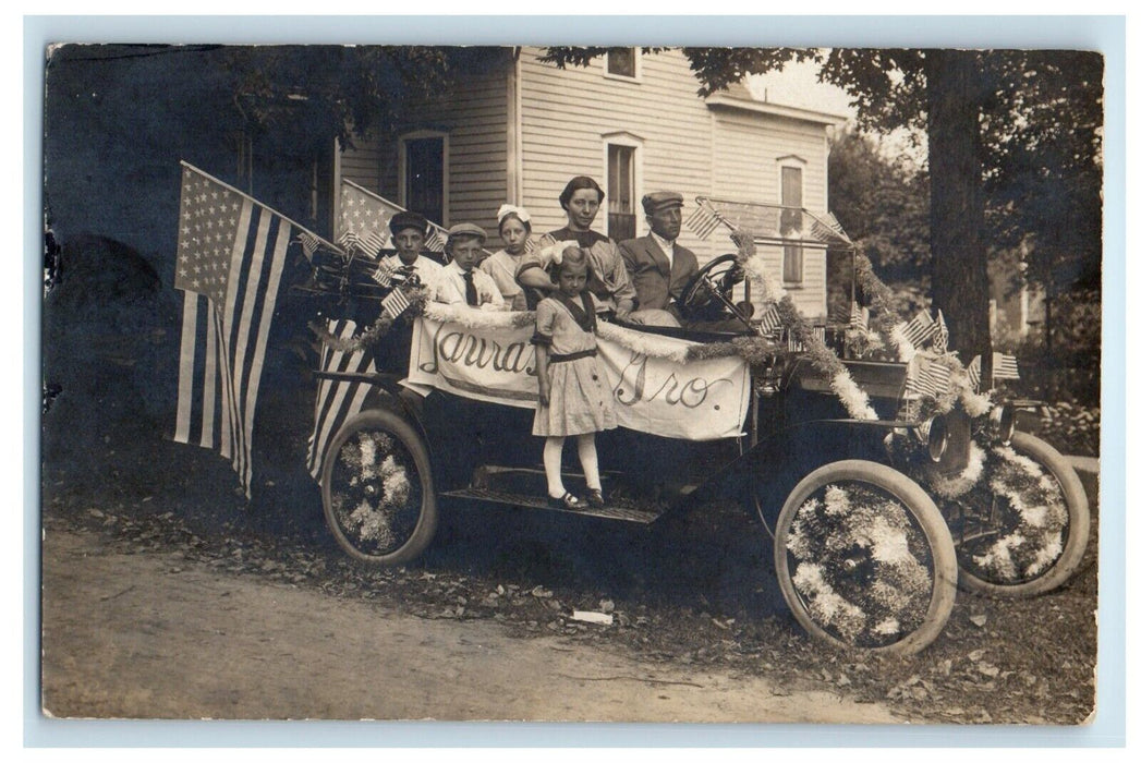 1915 Laura's Grocery Store Patriotic Car Albion Indiana IN RPPC Photo Postcard