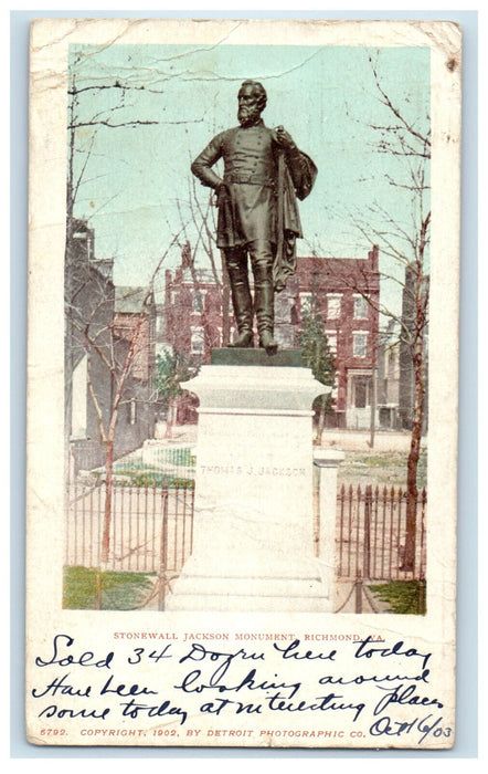 1903 Stonewall Jackson Monument, Richmond Virginia VA Antique PMC Postcard