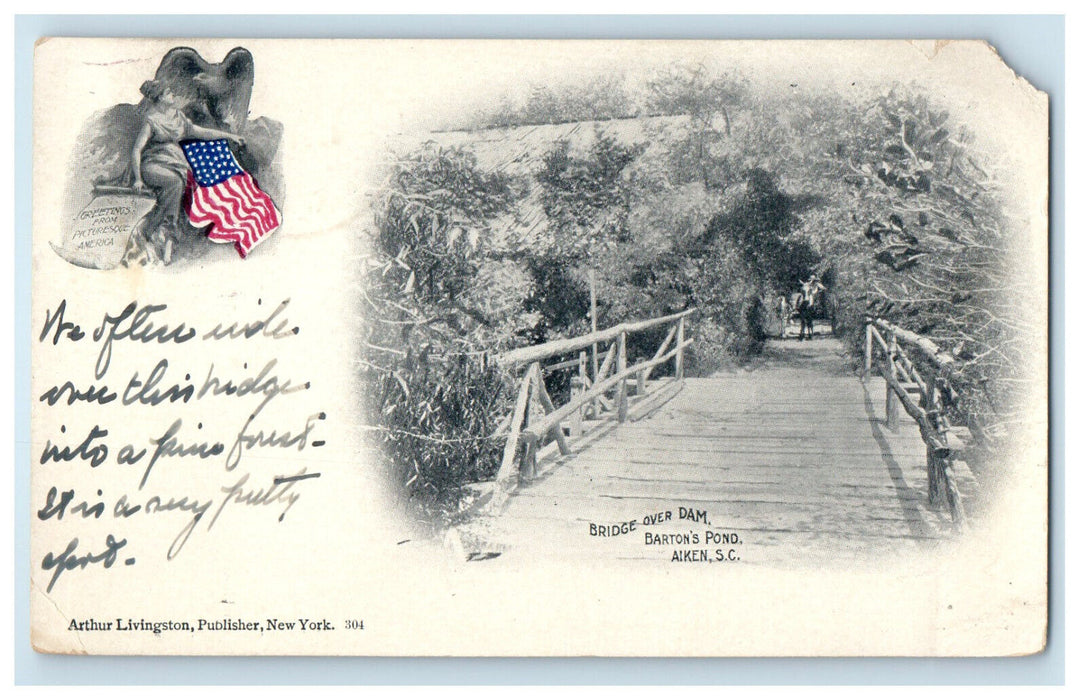 c1900s Bridge Over Dam Barton's Pond Aiken South Carolina SC PMC Postcard