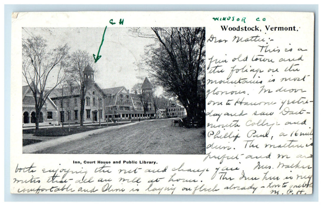 1905 Inn Court House and Public Library Woodstock VT Antique PMC Postcard