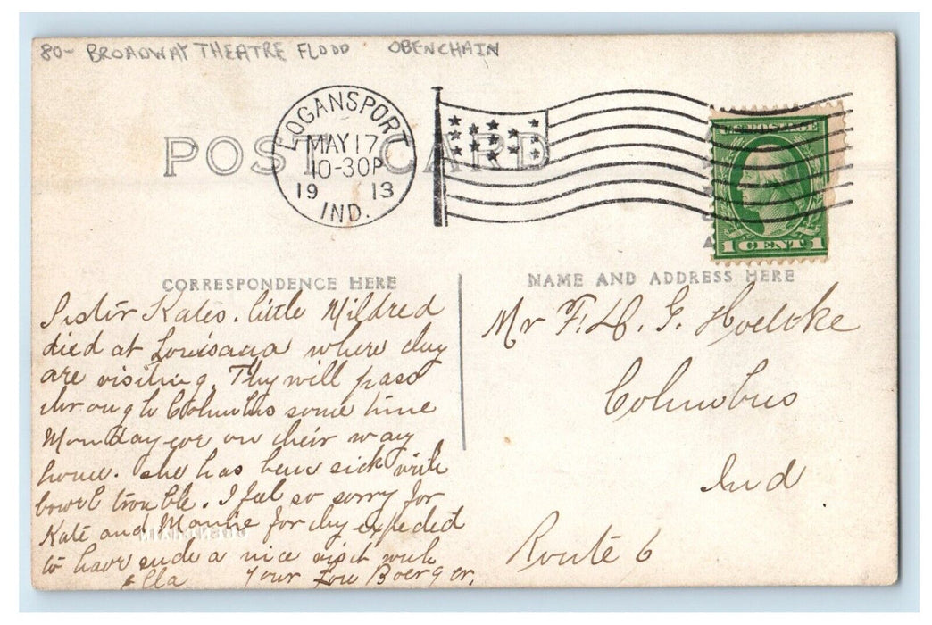 1913 Broadway Theater Flood Logansport Indiana IN,Obechain RPPC Photo Postcard