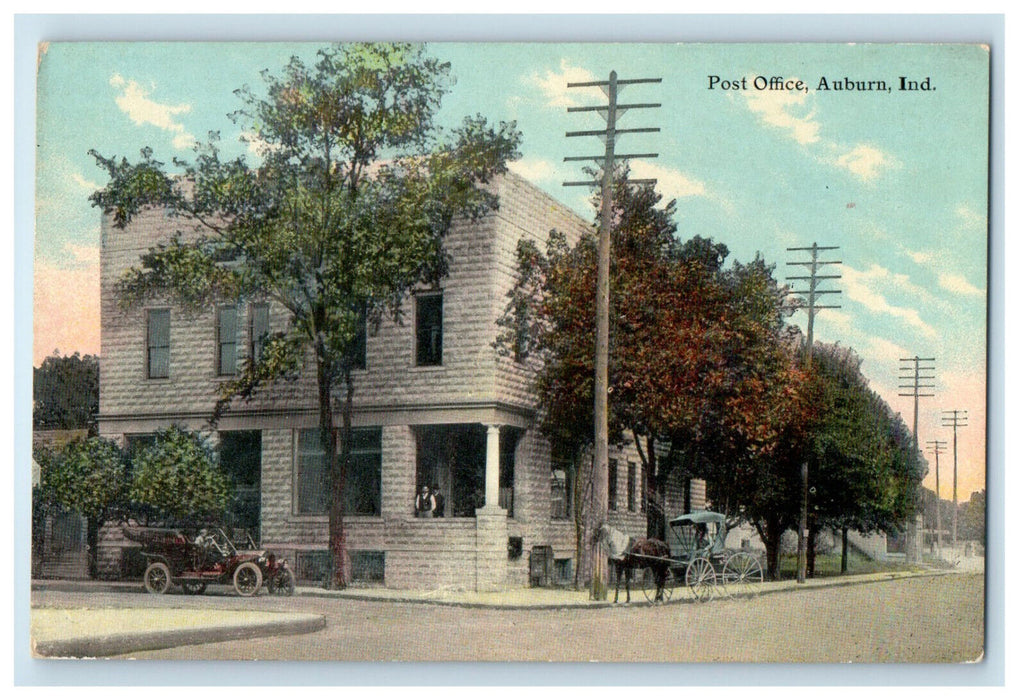 c1910 Car, Horse Carriage, Post Office Auburn Indiana IN Unposted Postcard