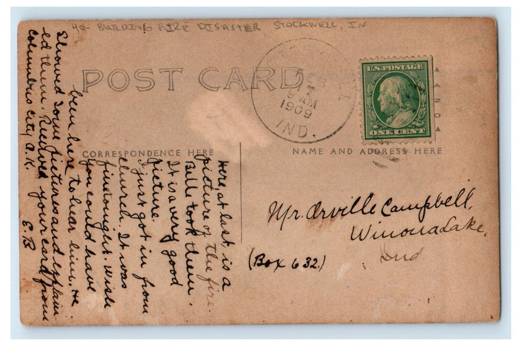 1909 Building Fire Disaster Stockwell Indiana IN RPPC Photo Antique Postcard