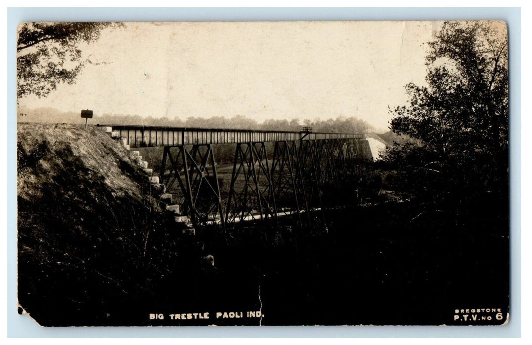 c1910's Tulip Big Trestle Railroad Bridge Paoli Indiana IN RPPC Photo Postcard