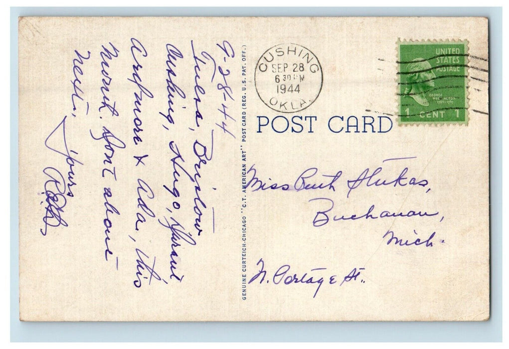 1944 Cushing High School Building Street View Oklahoma OK Vintage Postcard