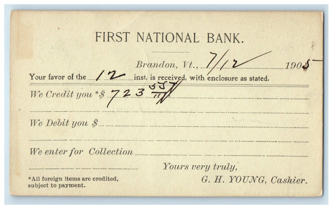 1905 First National Bank Letter Brandon Vermont VT Posted PMC Postcard