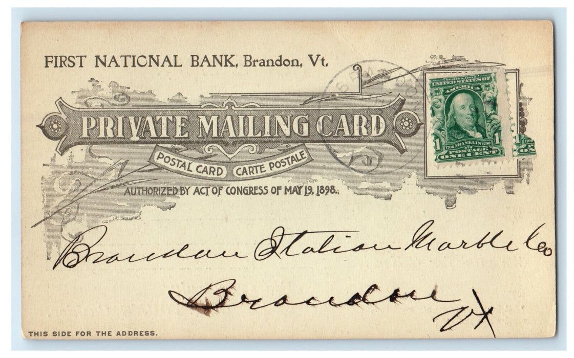 1905 First National Bank Letter Brandon Vermont VT Posted PMC Postcard