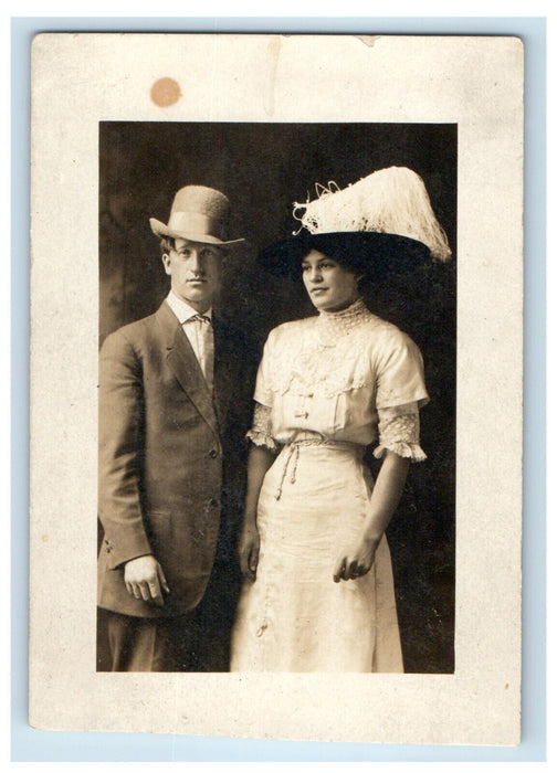 c1910's Victorian Man Woman Bowler Hat Dress RPPC Photo Antique Postcard