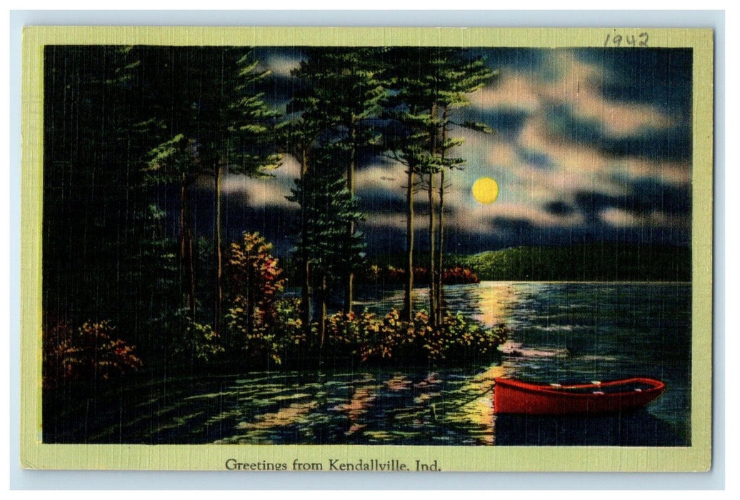 1942 Greetings From Kendallville Indiana IN, Lake Boat Moon Night View Postcard