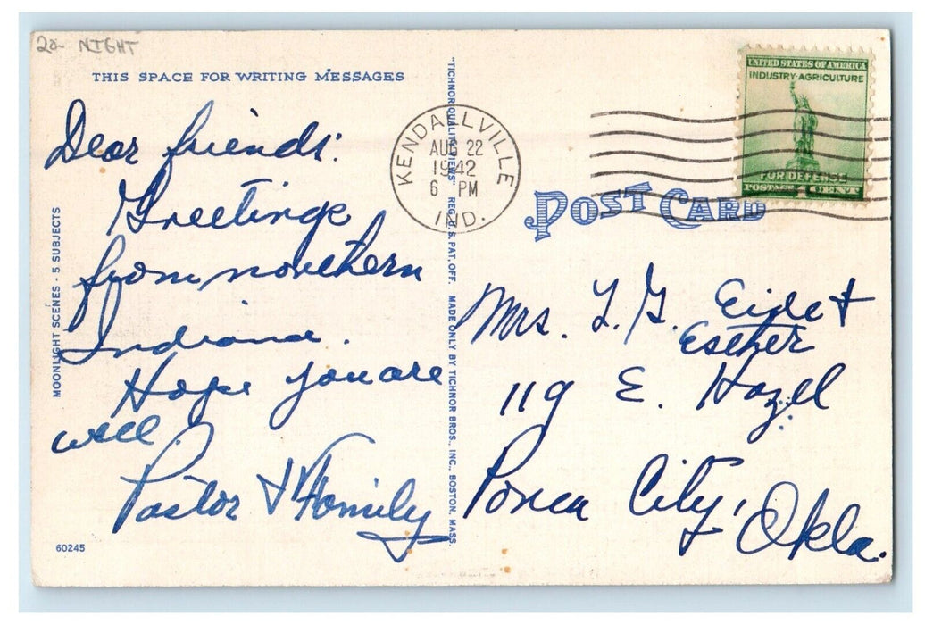 1942 Greetings From Kendallville Indiana IN, Lake Boat Moon Night View Postcard