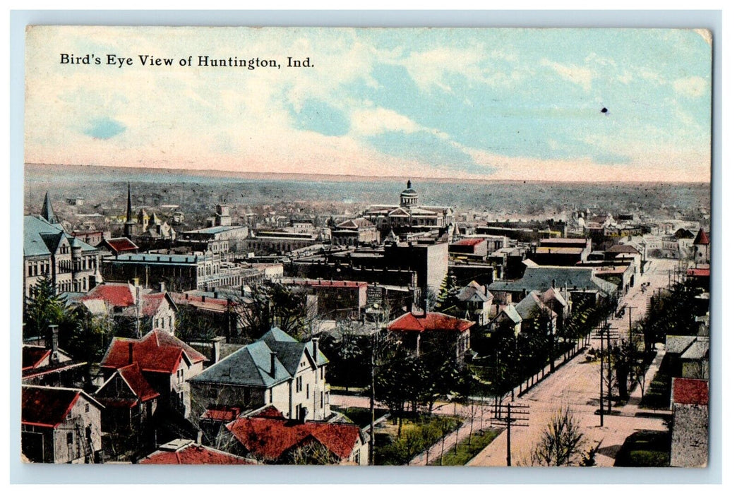1912 Bird's Eye View Of Huntington Indiana IN, Road And Houses Antique Postcard