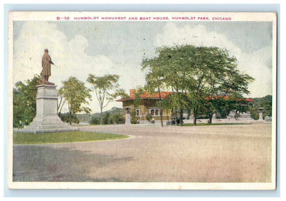 1922 Humboldt Monument And Boat House Humboldt Park Chicago Illinois IL Postcard