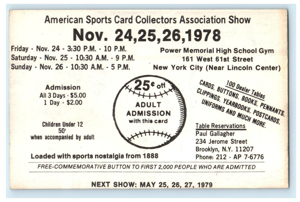 1978 American Sports Card Collection Association Show Advertising Postcard