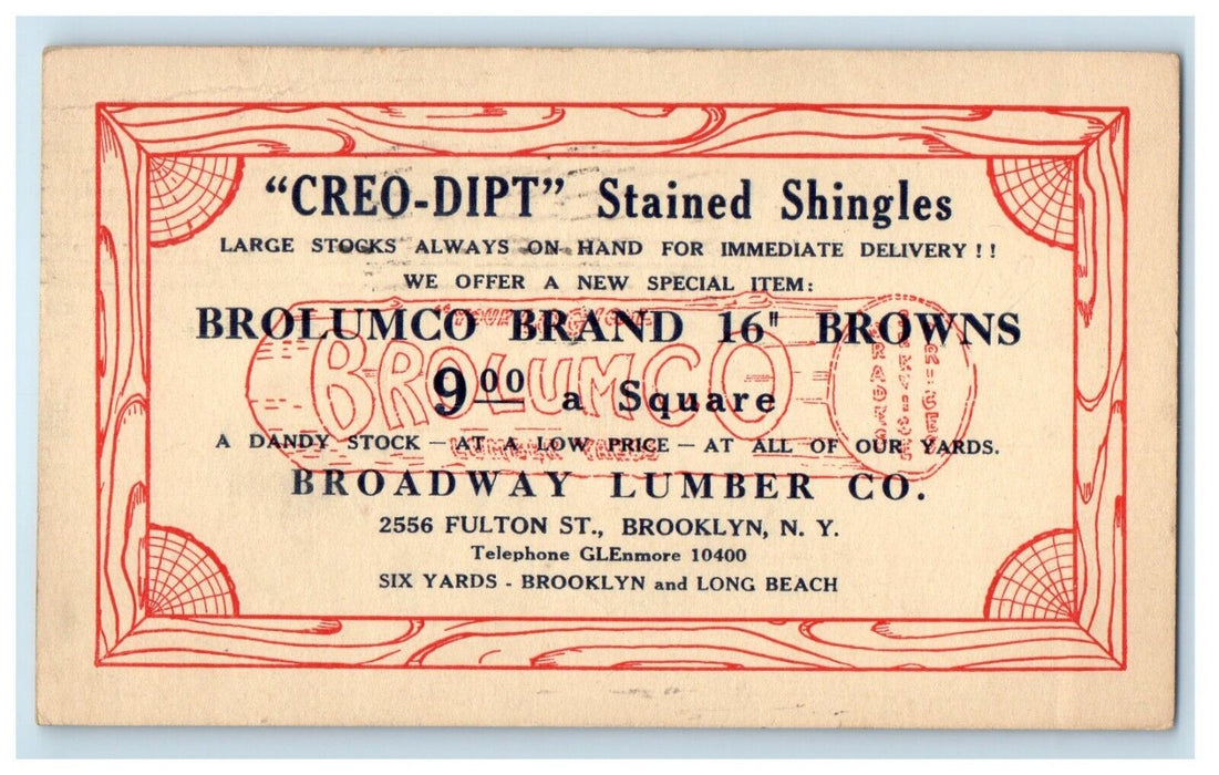 1925 Broadway Lumber Co. Stained Shingles Brooklyn NY Advertising Postcard