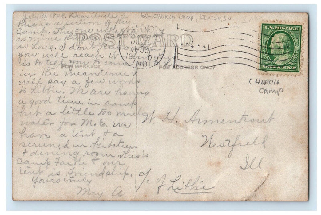 1909 Church Camp Linton Indiana IN RPPC Photo Posted Antique Postcard