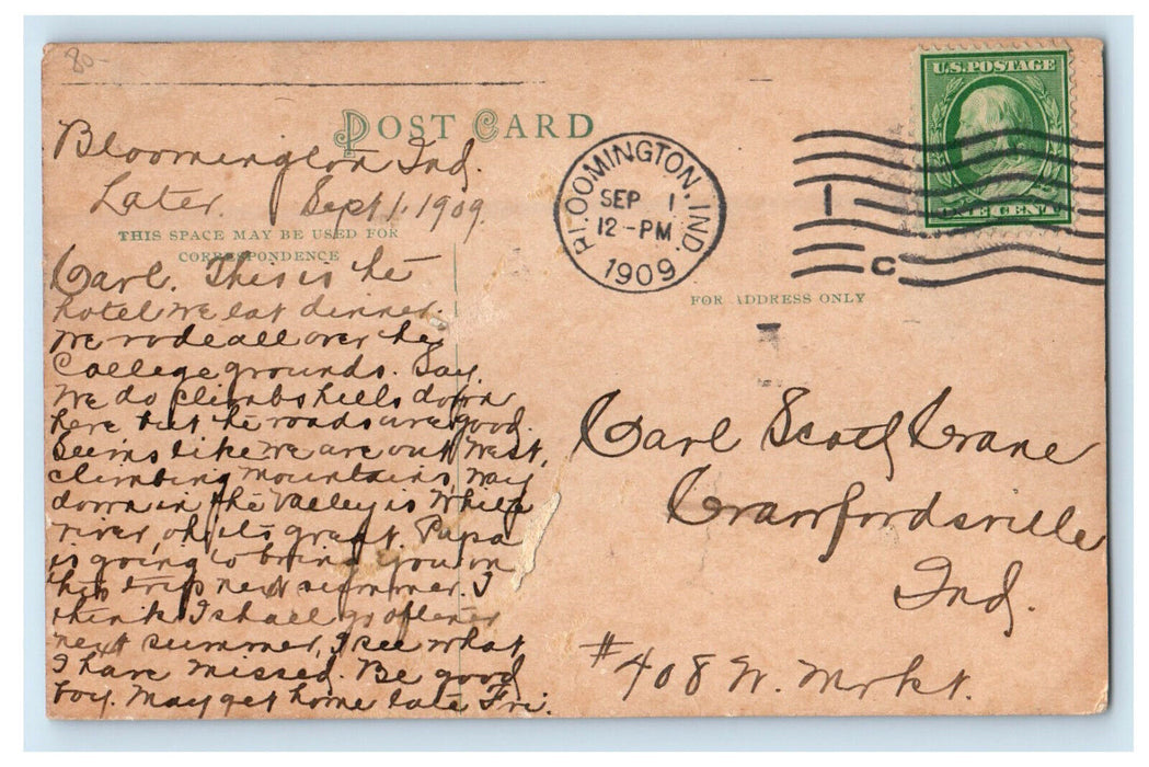 1909 The New Tourner Hotel, Washington Indiana IN Posted Antique Postcard