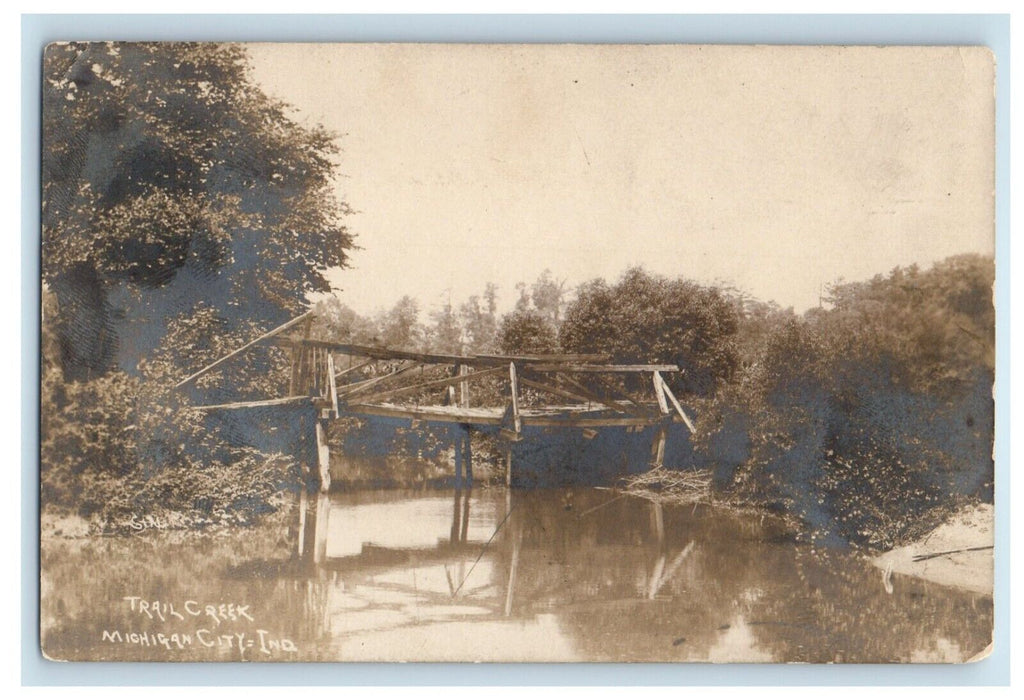 1909 Trail Creek Wood Bridge Michigan City Indiana IN RPPC Photo Posted Postcard