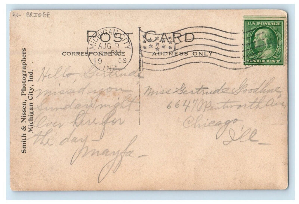 1909 Trail Creek Wood Bridge Michigan City Indiana IN RPPC Photo Posted Postcard