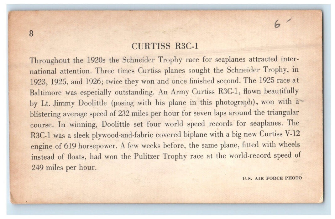 c1920's Jimmy Doolittle Curtiss R3C-1 Airplane Race Pilot  Seaplanes Postcard