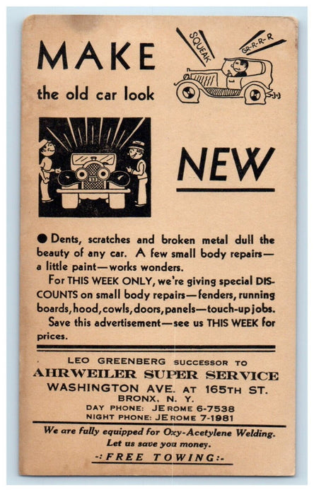 Leo Greenberg Car Repair Ahrweiler Super Service Advertising Bronx NY Postcard