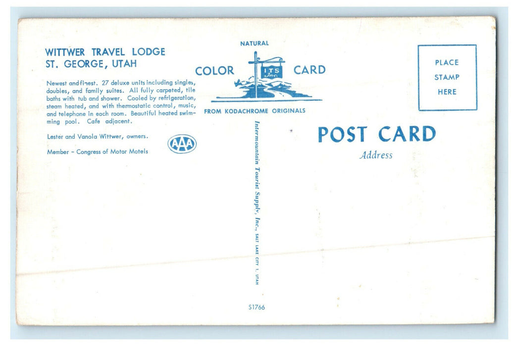 c1960 Wittwer Travel Lodge St. George Utah Advertising Unposted Postcard