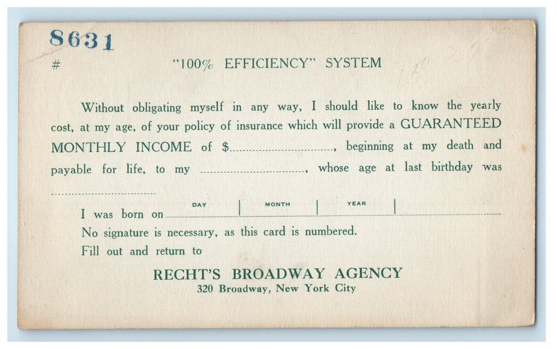 New York City NY, Recht's Broadway Agency Insurance Income Advertising Postcard