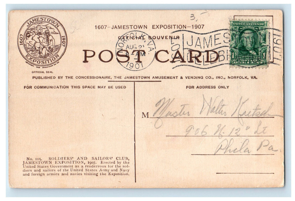 1907 Soldiers and Sailors Club Jamestown Exposition Cancel Postcard