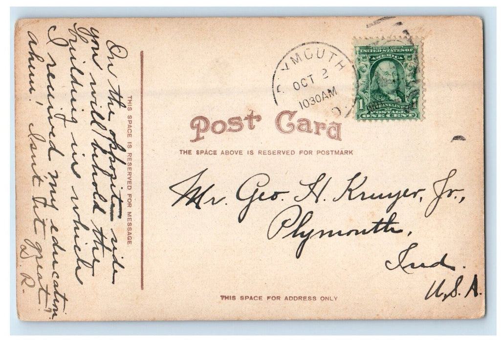 c1910's Washington School Building Plymouth Indiana IN Posted Antique Postcard