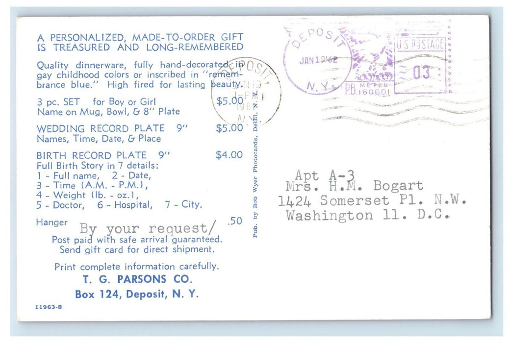 1962 Quality Dinnerware T.G. Parsons Co. Advertising Deposit NY Postcard