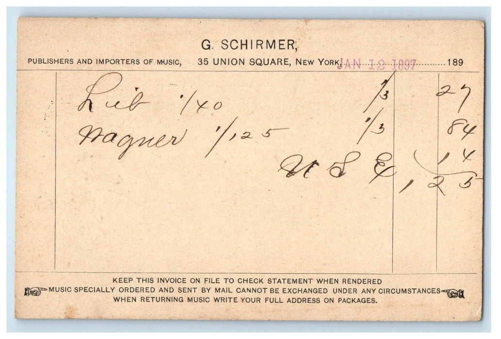 1897 Invoice Record G. Schirmer Whippany New York NY Advertising Postcard