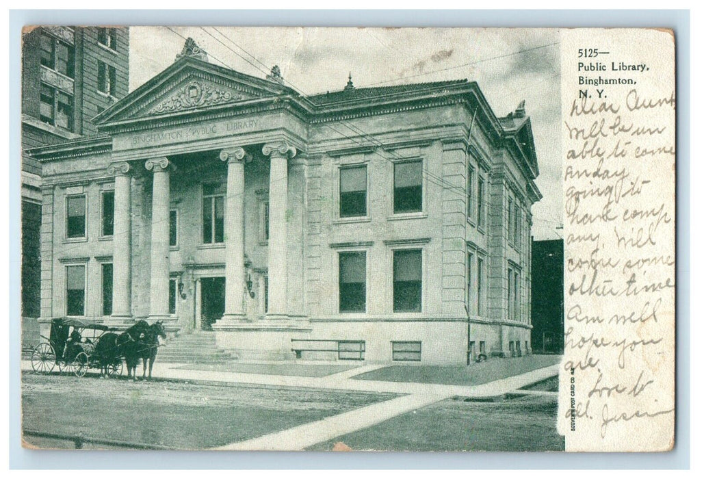1906 Public Library Building Horse Carriage Binghamton New York NY Postcard