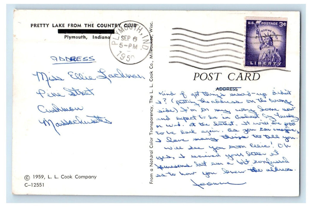 c1950's Pretty Lake From The Country Club Boat Plymouth Indiana IN Postcard