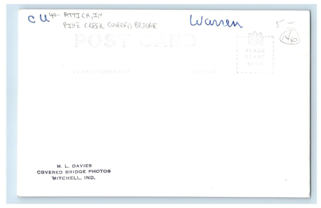 c1940's Attica Indiana IN, Pine Creek Covered Bridge RPPC Photo Vintage Postcard