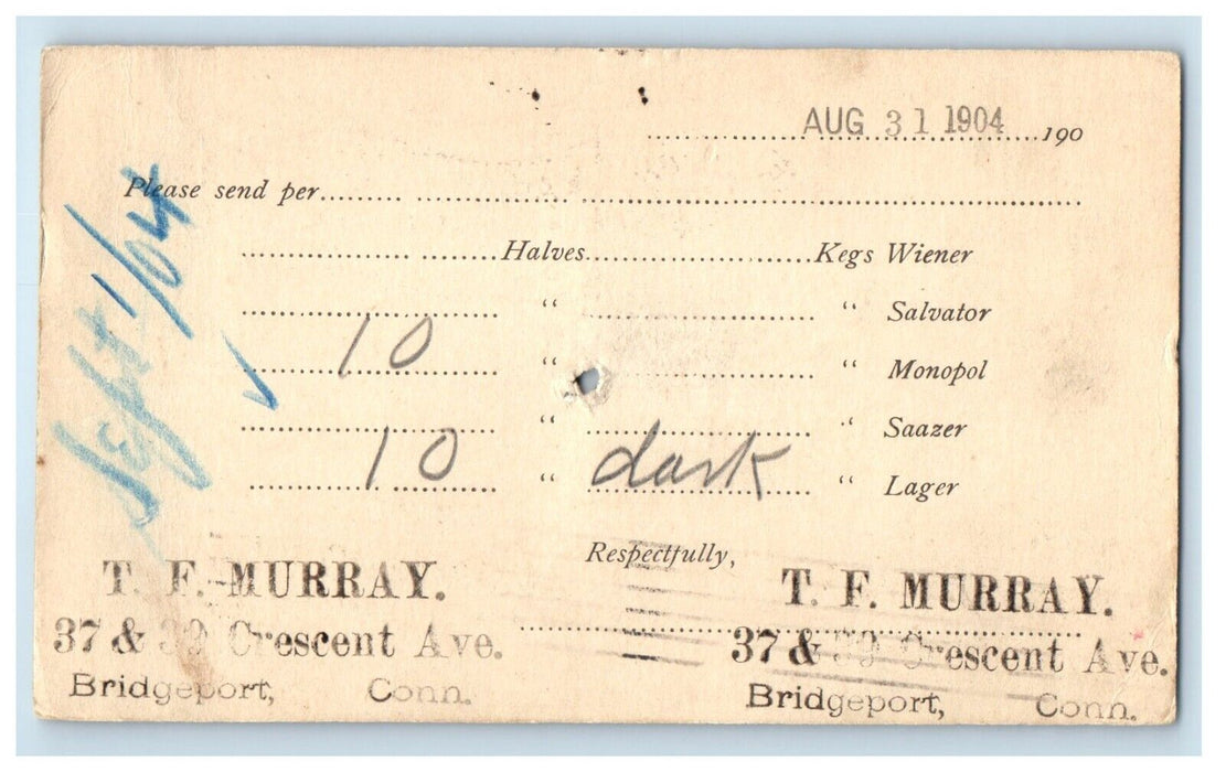 1904 T.F Murray Beer Jacob Hoffman Brewery Bridgeport CT Advertising Postcard