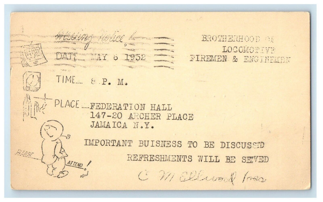 1952 Brotherhood Locomotive Firemen Engineer Invitation Advertising Postcard