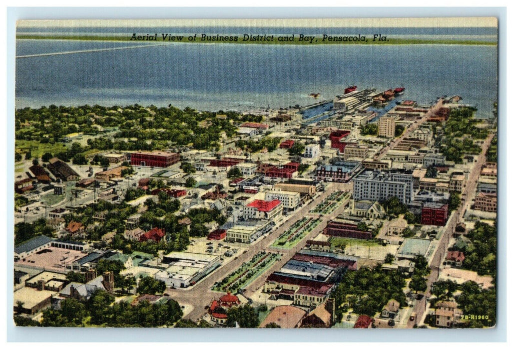 c1930's Aerial View Of Business District And Bay Pensacola Florida FL Postcard