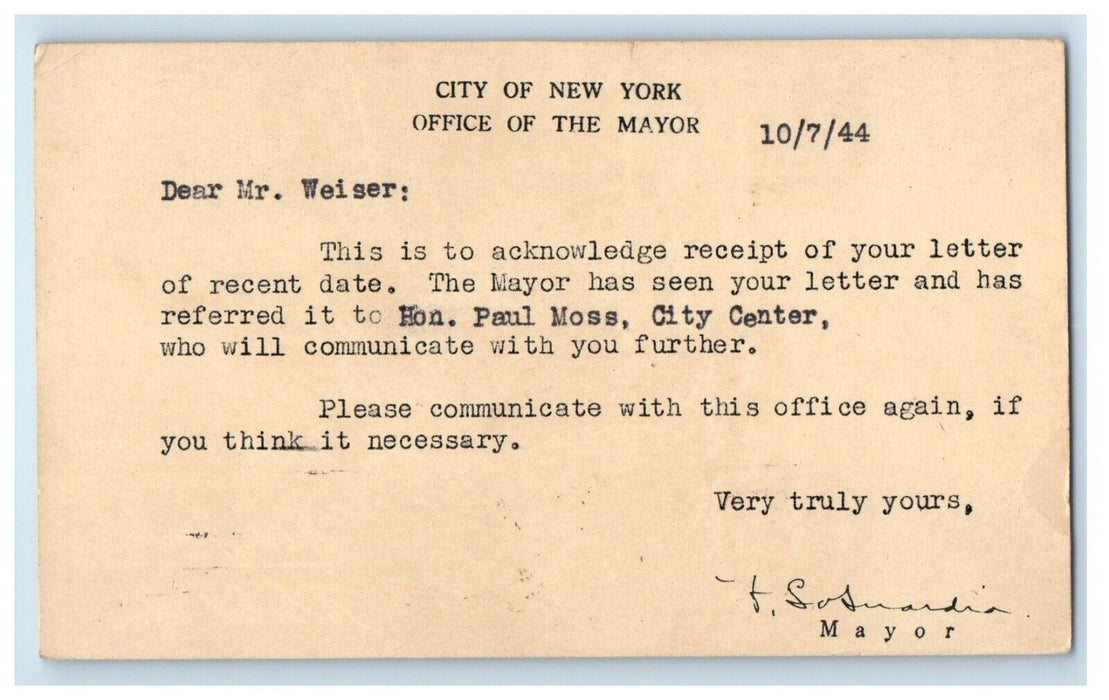 1944 Office Of The Mayor Letter Receipt Advertising New York City NY Postcard