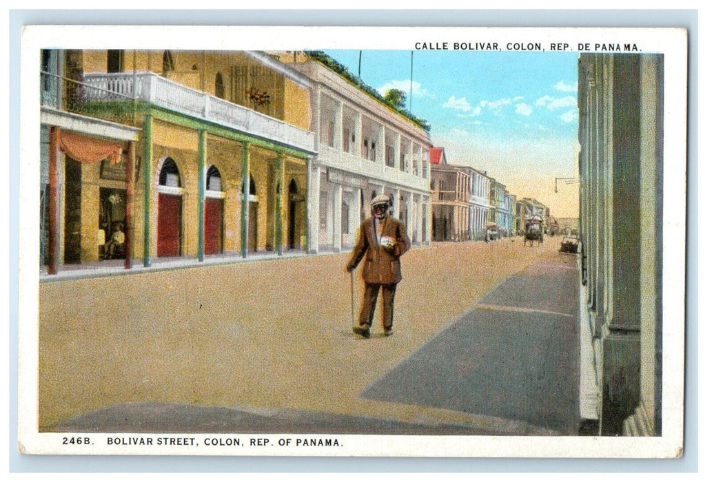 c1920s Man with Stick Walking in Bolivar Street Colon Rep of Panama Postcard