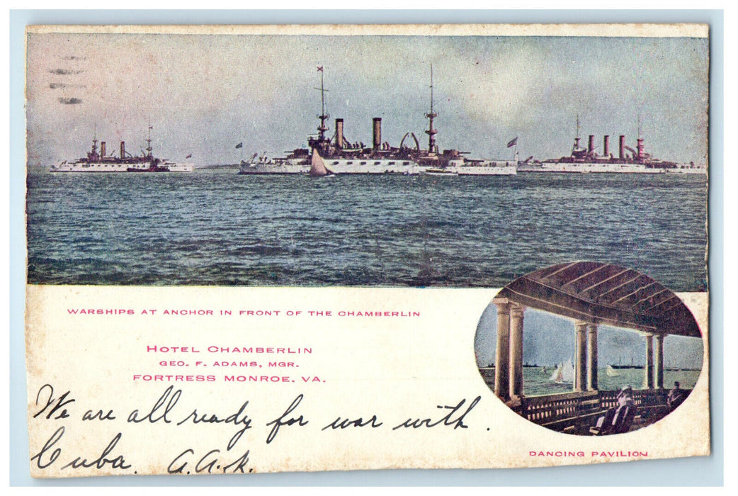 1906 Warships at Anchor in Front of Chamberlin Fortress Monroe VA PMC Postcard