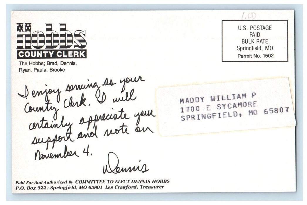 Hobbs County Clerk Election Springfield MO, Political Advertising Postcard