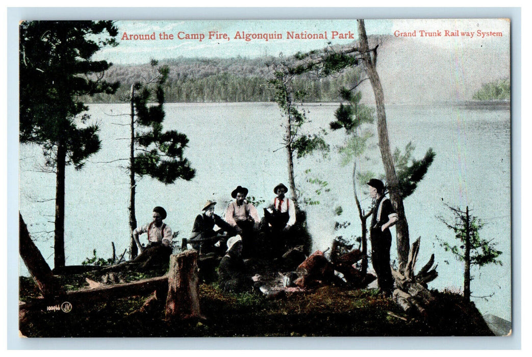 c1910 Around the Camp Fire Grand Trunk Railway Algonquin National Park Postcard