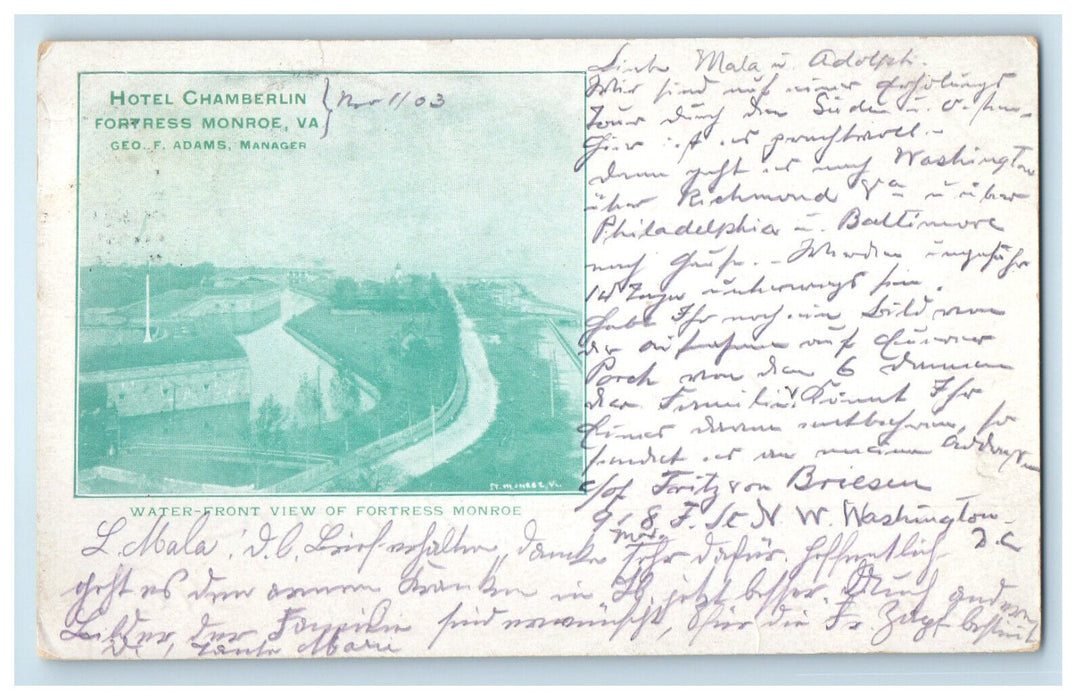 1903 Hotel Chamberlin, View of Fortress Monroe VA PMC Posted Postcard