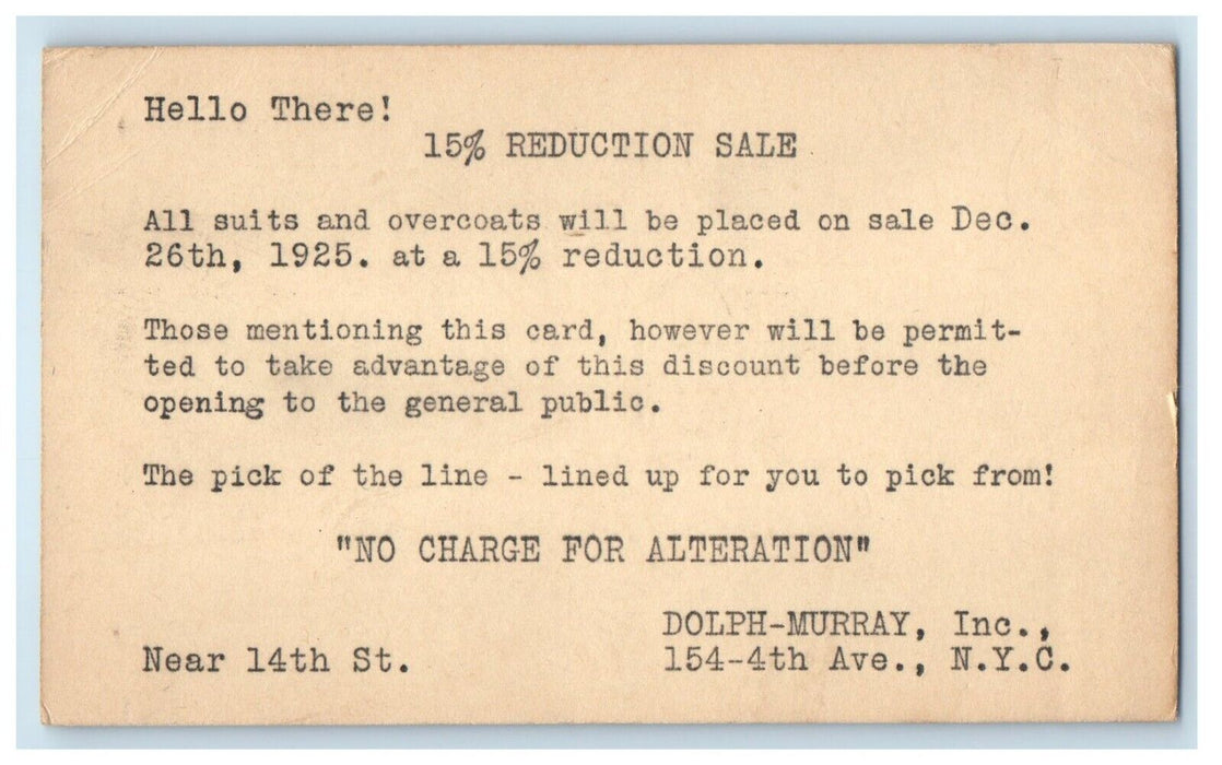 New York City NY, Dolph Murray Inc. Suits Clothing Tailor Advertising Postcard