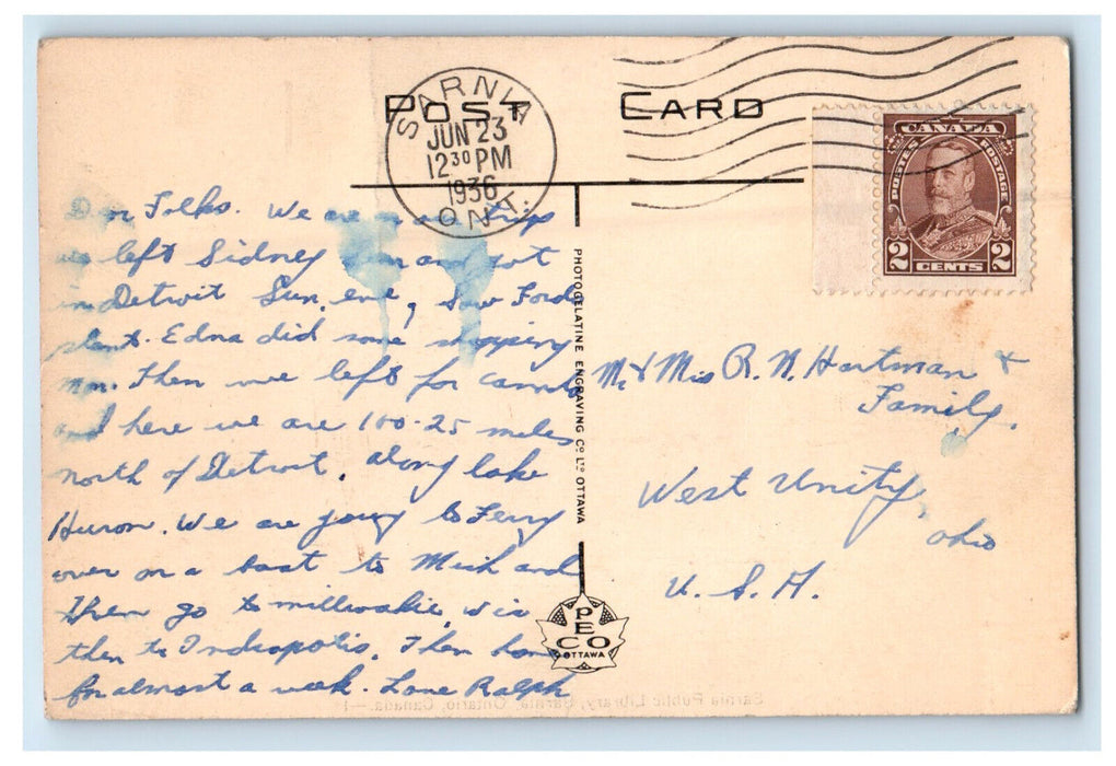1936 Sarnia Public Library, Sarnia Ontario Canada Posted Vintage Postcard