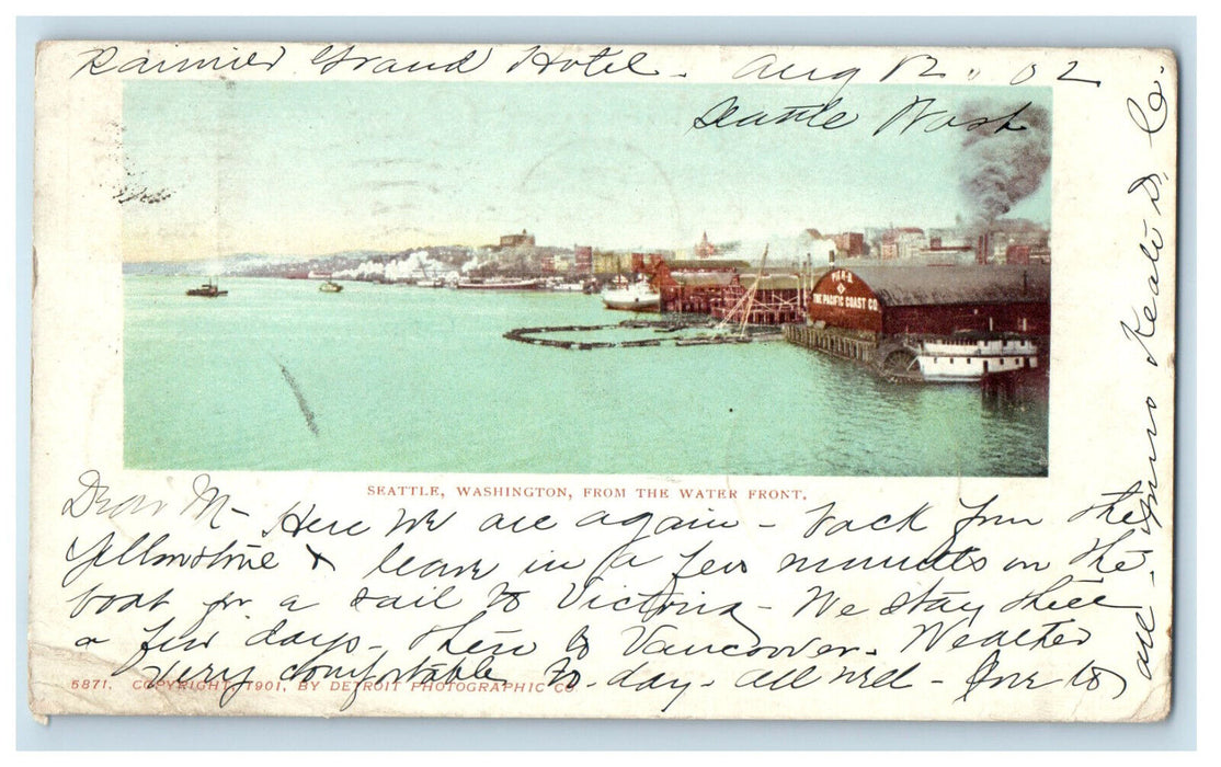 1902 View from the Water Front Seattle WA Ansonia OH PMC Posted MISSENT Postcard
