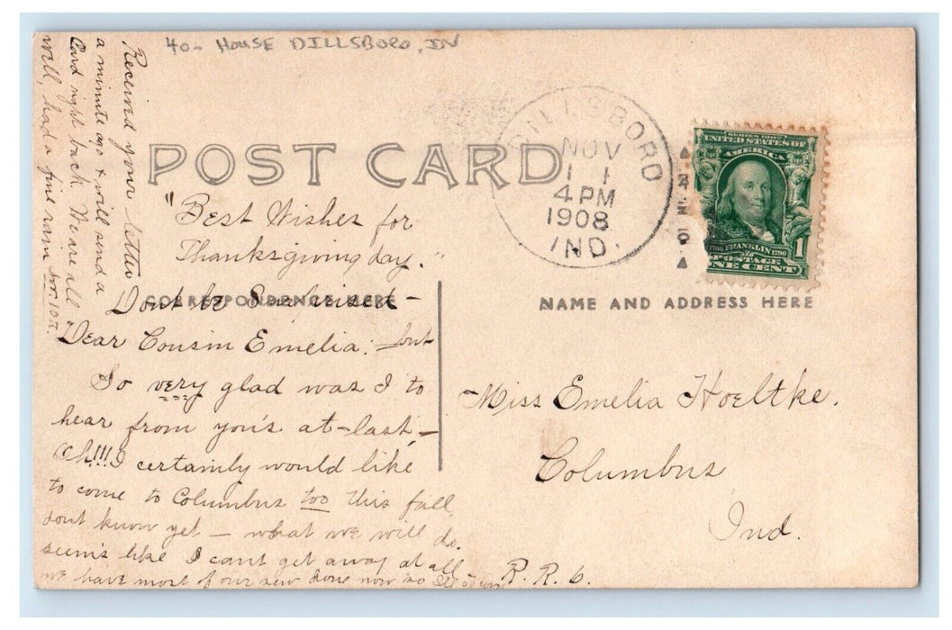 1908 House Dillsboro Indiana IN RPPC Photo, Farmers Retreat Antique Postcard