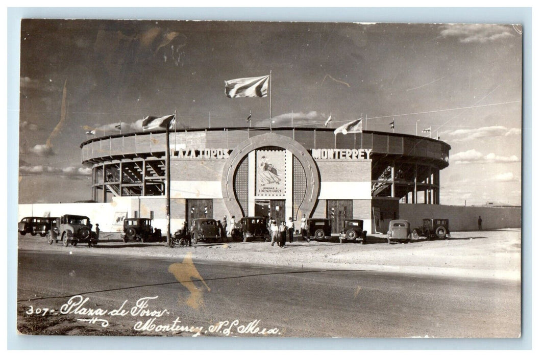 Plaza De Foros Bullfighting Stadium Cars Monterrey Mexico RPPC Photo Postcard