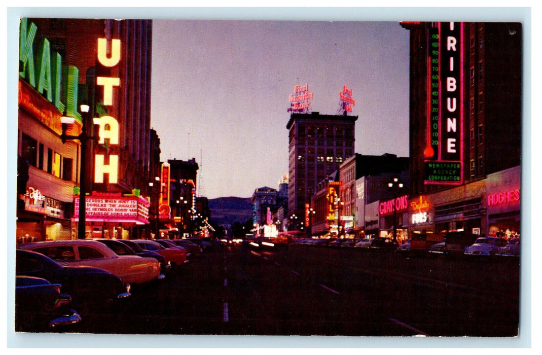 c1960 Main Street at Night Salt Lake City Utah UT Unposted Vintage Postcard