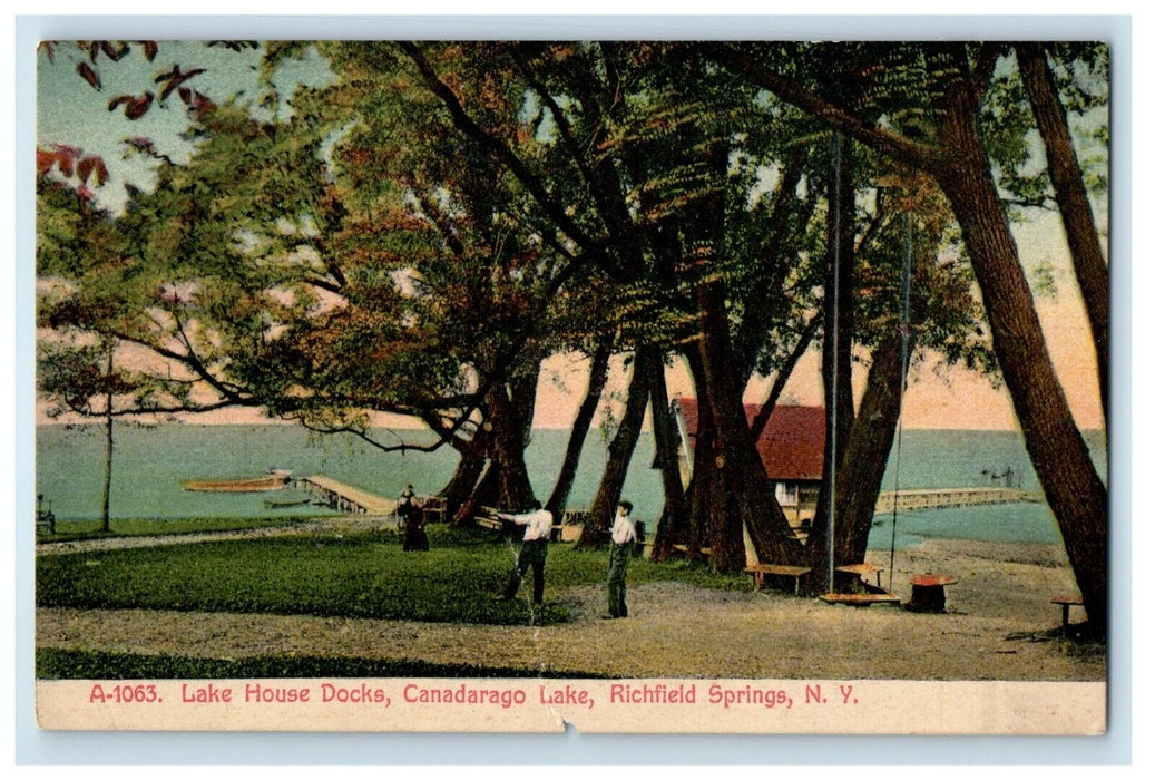 c1910's Richfield Springs NY, Lake House Docks Canadarago Lake Antique Postcard